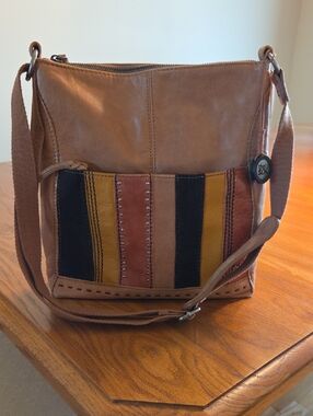 The Sak Tan Leather Crossbody with Multicolor Stripe Panel